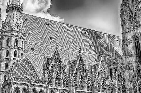 Ornate Gothic architecture of St. Stephen's Cathedral's roof in Vienna
