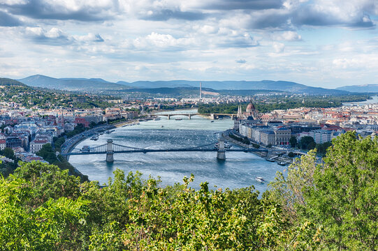 Panoramic View of Budapest Danube River and Bridges
