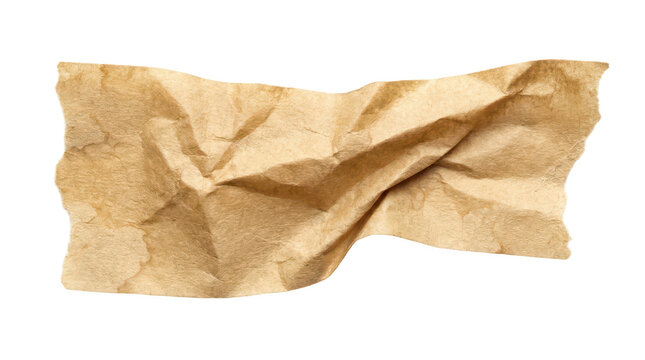 Crumpled brown paper tape strip, wrinkled kraft adhesive paper texture, sticky stationery mockup isolated on Transparent Background