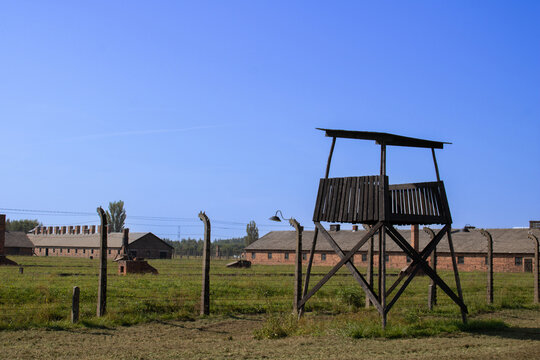 Watchtower or guardtower near the wire perimeter fence of the Auschwitz-Birkenau concentration camp on September 6, 2026 in Oświęcim, Poland.	