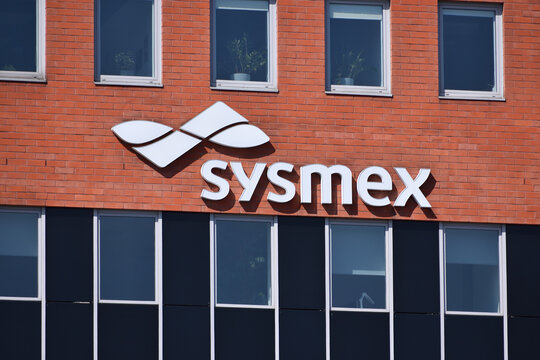 Sysmex company office building with signage, logo on the facade. Global Japanese healthcare company, medical diagnostic equipment, automation, and IT solutions. WARSAW, POLAND - APRIL 18, 2026