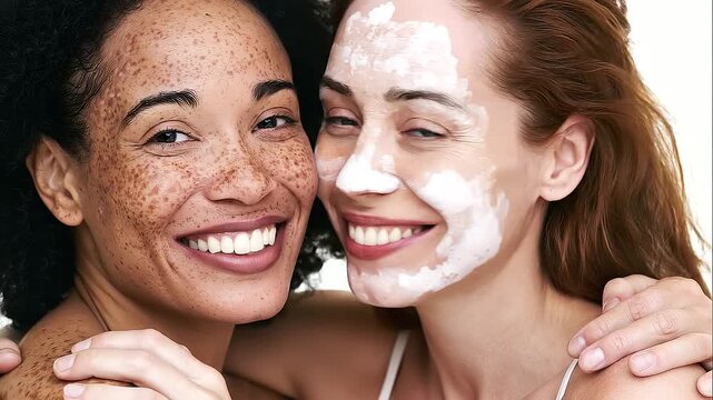 Smiling women embracing during a natural beauty portrait, distinct white patches across one face contrasted with freckled complexion on her companion, vitiligo vulgaris, facial leu
