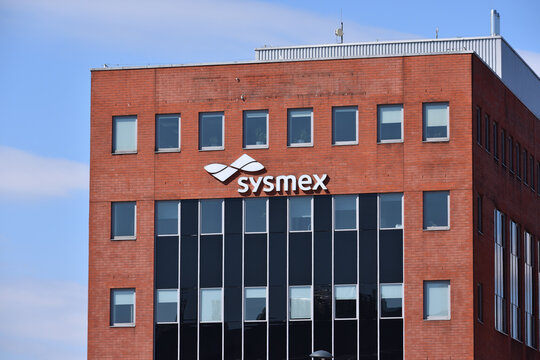 Sysmex company office building with signage, logo on the facade. Global Japanese healthcare company, medical diagnostic equipment, automation, and IT solutions. WARSAW, POLAND - APRIL 18, 2026