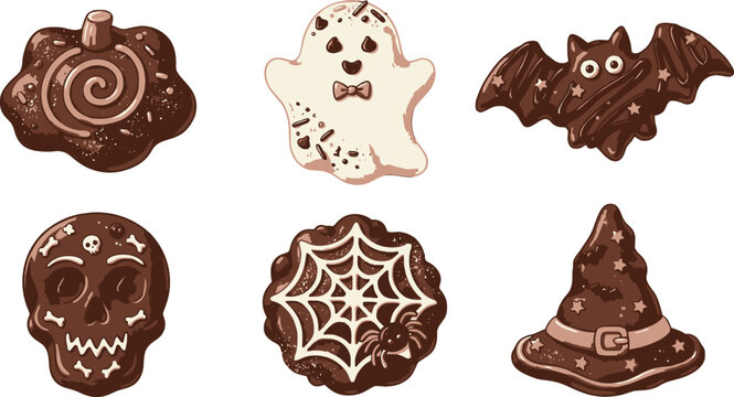 Halloween Cookies, Skull and Pumpkin with Chocolate Biscuits and Witch Hat isolated on White Background editable eps