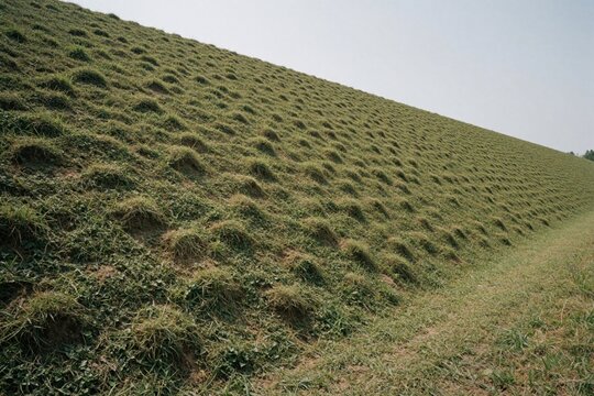 Grassy slope stabilized by hydroseeding method. Green grass covers earthen embankment preventing erosion. Eco friendly soil retention technique applied.