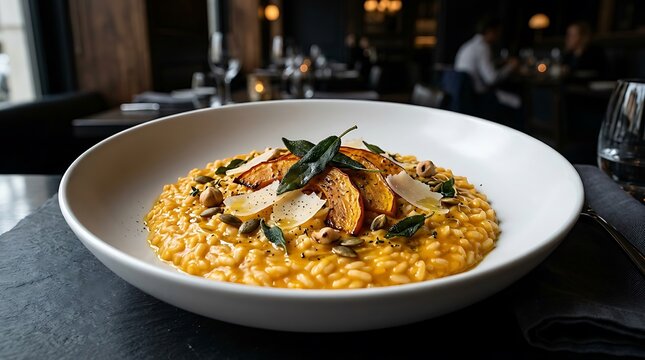 Creamy roasted pumpkin risotto served in an elegant white bowl