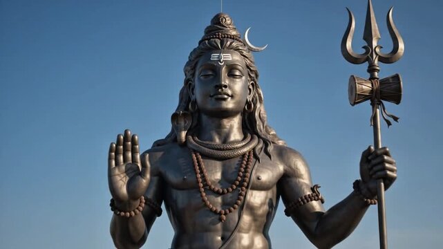 Lord Shiva Statue with Trident and Blessing Pose Against Blue Skies 4k