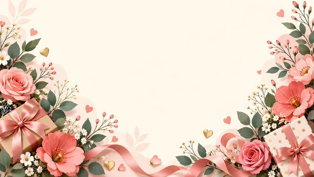 Elegant floral background with pink roses and gift boxes, romantic flower border for wedding invitations and Mother's Day cards