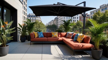 Obraz premium City balcony patio setup features terracotta sofa with bright cushions under large black parasol. Potted palm plants surround lounge area on sunny day.