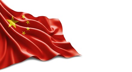Fototapeta premium Waving flag of china with red fabric and yellow stars isolated
