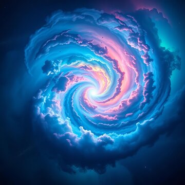Swirling blue and pink cloud vortex in dark space