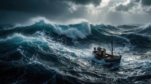 Small fishing boat struggles in massive stormy waves. Rough dark ocean with huge white foam crests. Dramatic heavy clouds over turbulent sea. Vessel faces dangerous weather at sea during intense