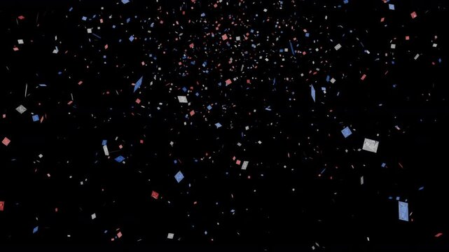 tumbling red, white & blue confetti ticker pieces of flying patriotic USA, British UK or French themed particles of coloured tickets falling from the sky, background made invisible with screen mode 4K