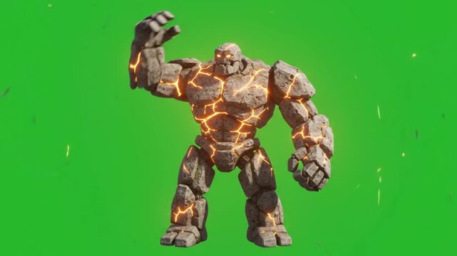 Giant Stone Golem Assembling from Rock Fragments on Chroma Key Green Screen VFX