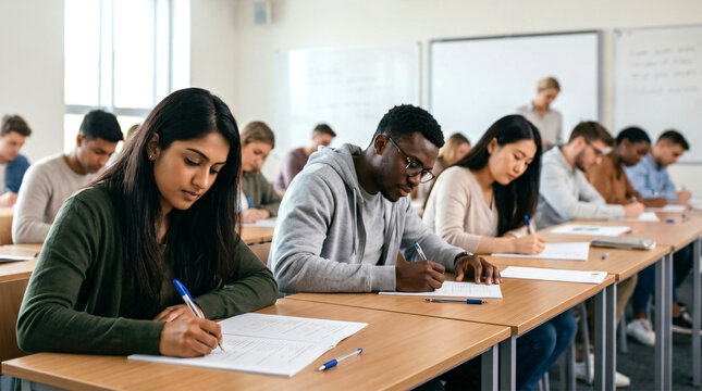 A university classroom filled with students quietly taking an important educational admission examination, each deeply focused on answering questions with pens and paper.