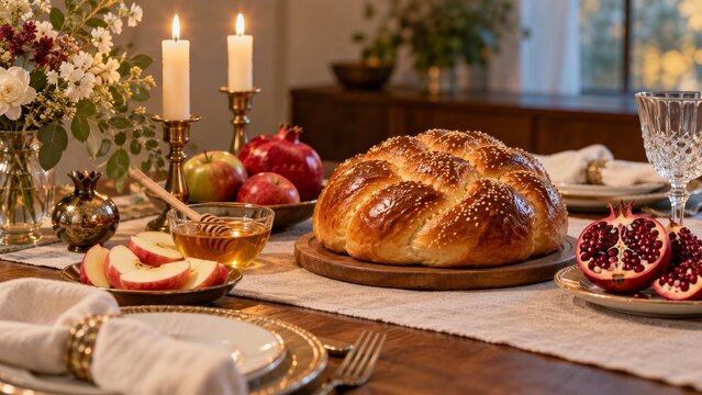 Festive Rosh Hashanah table with challah apples honey and pomegranate