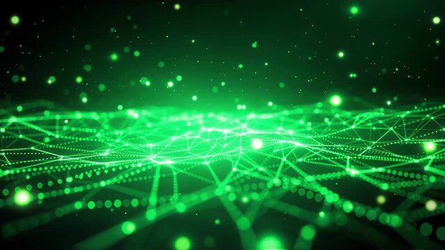 Luminous green grid of moving particles and lines representing a complex network on a black background