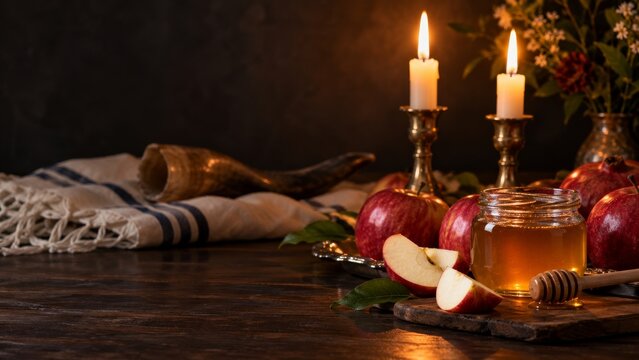 Rosh Hashanah still life with shofar apples honey and candles
