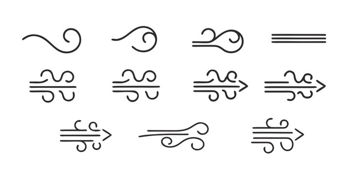 Wind flow icons with curved lines and parallel strokes on white background