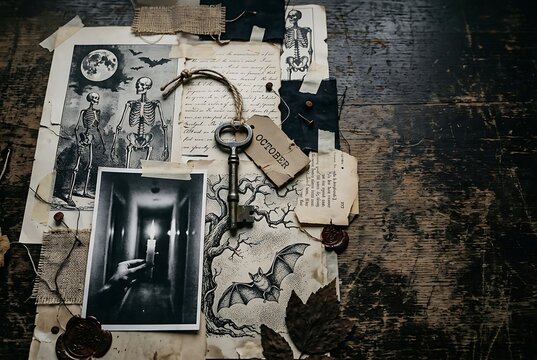 Spooky detective board with old photographs skeleton drawings and a vintage key.