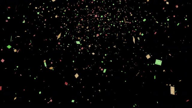 falling confetti, red, green and yellow pastel falling squares of paper wedding confetti or celebration party foil tickets slowly falling in slow motion from the sky in thousands of tiny pieces, 4K 