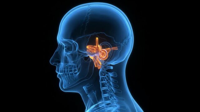 Human ear anatomy in a profile view of a skull, showing the inner ear structure in a 3D rendering.