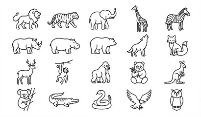 Obraz premium Simple Wild Animal Outline Line Drawing Icons Minimal Vector Set