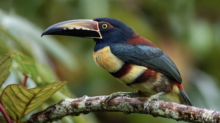Fototapeta premium Vibrant keel-billed toucan perched on a branch amidst lush tropical foliage, showcasing nature’s beauty and wildlife conservation