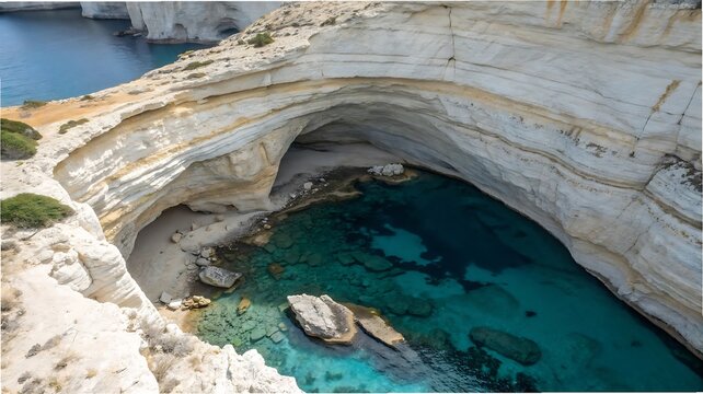 Dramatic coastal cliffs and a hidden turquoise cove in milos island