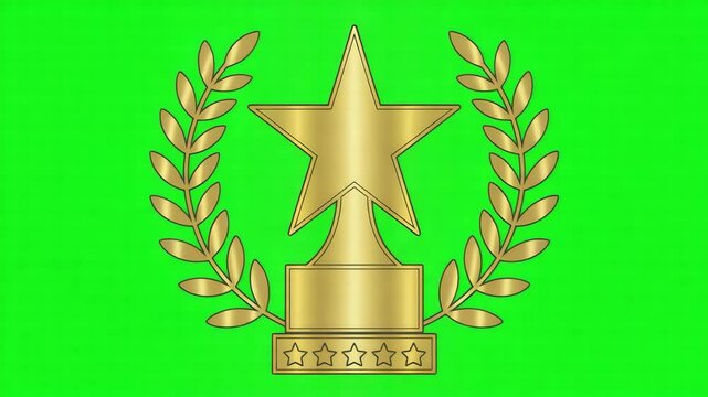 Golden star award trophy animation featuring laurel leaves rotating on a vibrant chroma key green screen background for broadcast motion