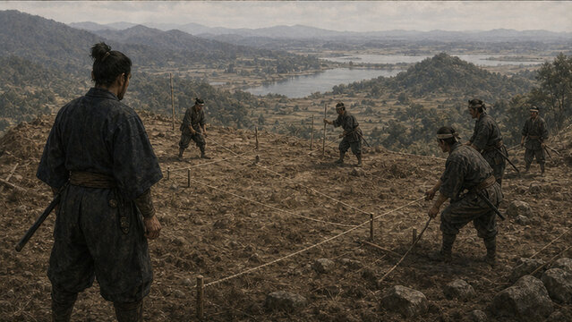 Surveyors marking castle boundaries with rope
