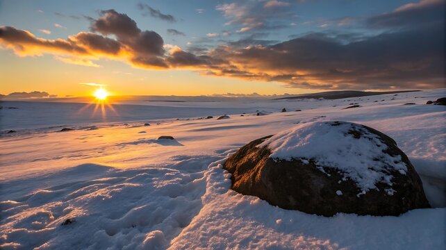 Golden sunset illuminates a snow covered landscape with rocks and hills