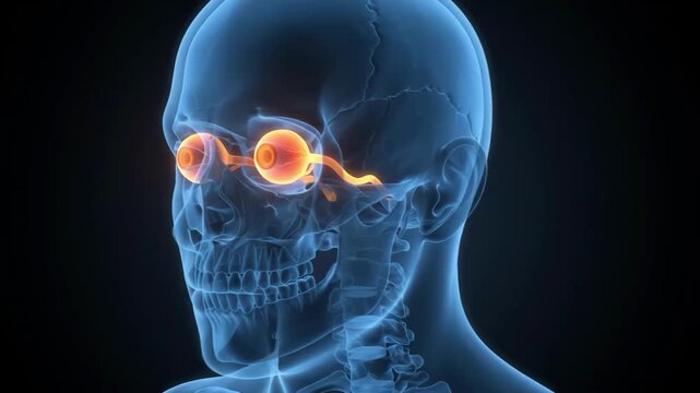 Human eye anatomy with detailed optic nerve and skull structure in a scientific medical illustration.