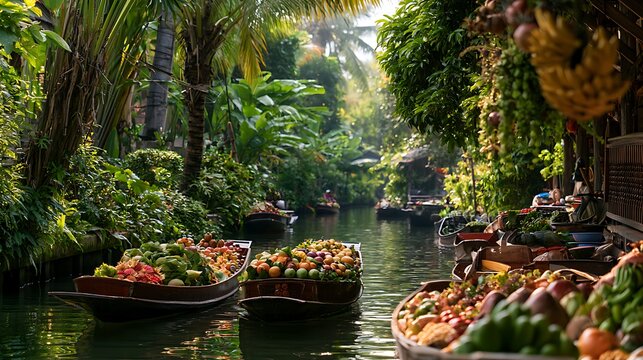 Floating Market Vendor Rowing Past Fruit Boats / フルーツの舟の間を漕ぐ水上マーケットの商人