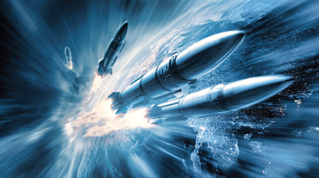Nuclear missiles move rapidly around a globe, capturing the tens