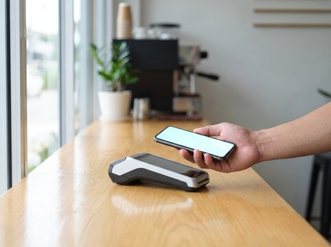 Customer making contactless payment holding smartphone over pos terminal machine on wooden coffee shop counter bar