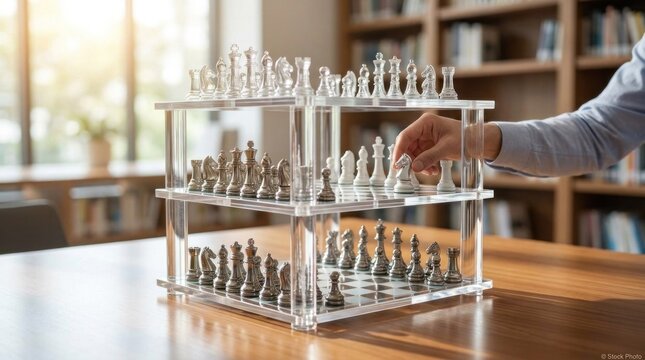 A transparent chess set with a person moving a piece on a wooden table in a library setting.