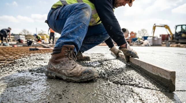A construction worker in a high visibility vest and blue pants uses a wooden board to level freshly poured concrete at a bustling daytime outdoor work site, underscoring the leveling
