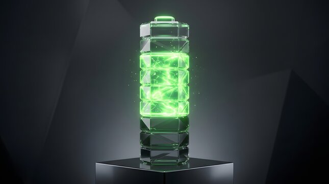 battery power charging up glowing green light on dark background with energy sparks representing modern technology.