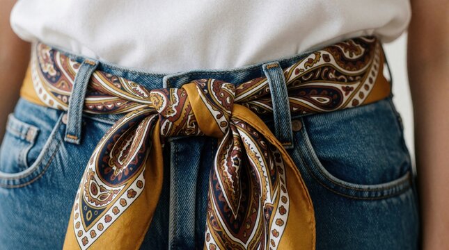 Woman wears silk scarf tied like belt around blue denim jeans. Stylish paisley pattern foulard decorates white t-shirt waist. Trendy fashion accessory knot creates chic summer outfit look for casual