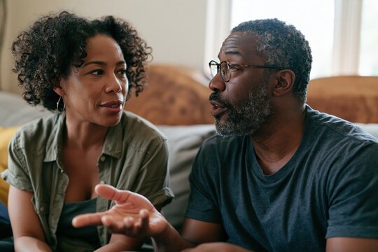 Couple having meaningful conversation on neutral sofa in living room