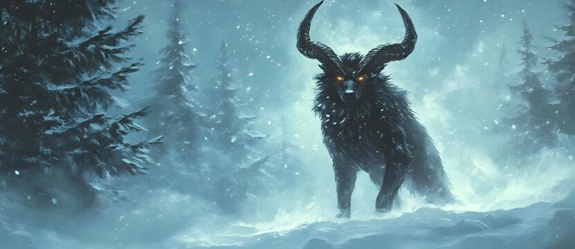 Black Horned Wolf in Blizzard