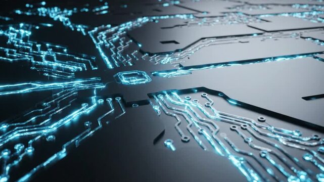 Glowing blue electric energy pulses through complex printed circuit board pathways in this high speed digital motion technology video clip