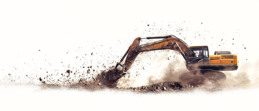 Excavator boom breaks ground, sending dust and debris into the a