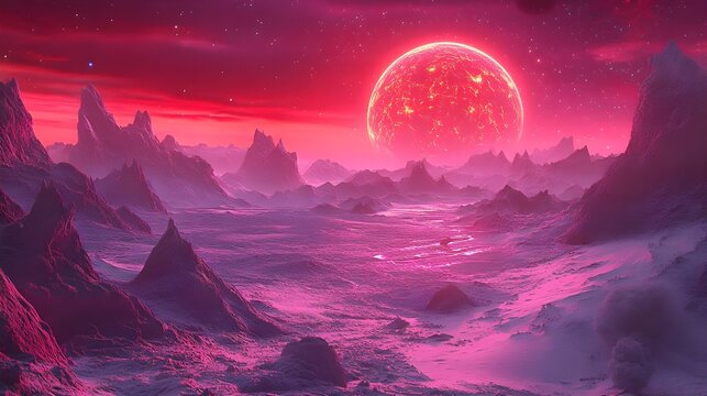 Alien Planet Landscape with Red Giant