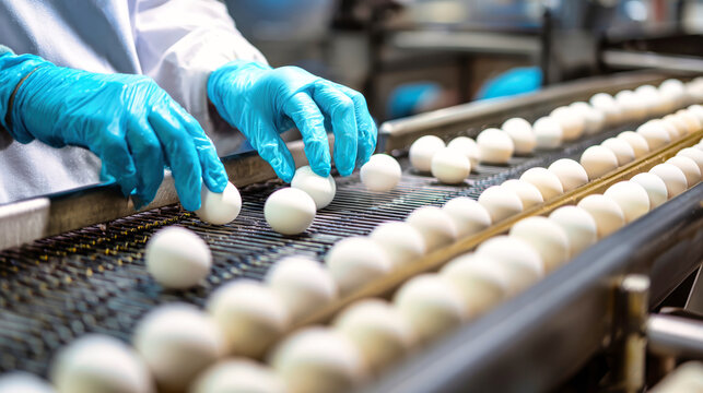 Worker in blue gloves scrubs and sorts white chicken eggs on a s