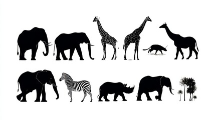 Fototapeta premium Silhouetted savanna animals including elephants, giraffes, zebras, and rhinoceroses, composing a wildlife concept on a white backdrop