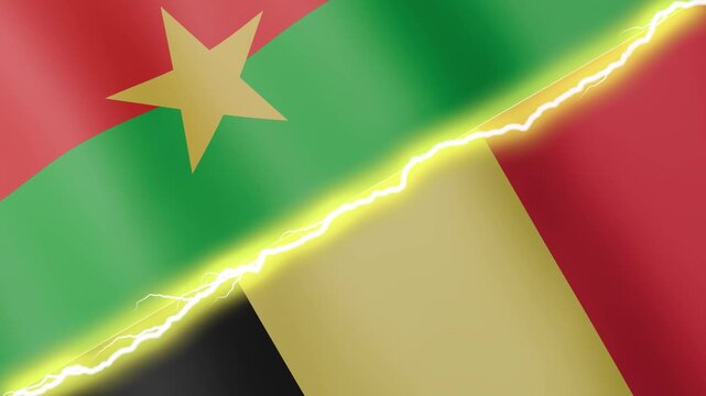 Two waving flags Burkina Faso and Belgium with diagonal lightning seamless, 4k loop