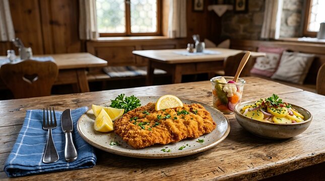 Traditional wiener schnitzel and potato salad in rustic restaurant