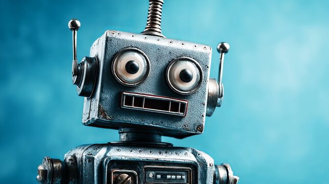 Vintage robot toy with curious eyes stands against a bright blue gradient, representing a retro mechanical concept